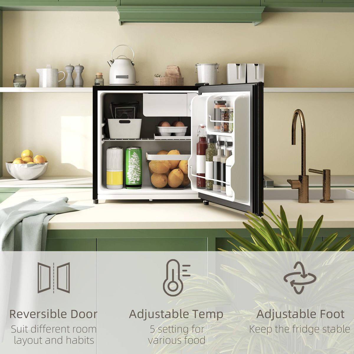HOMCOM 46L Table Top Mini Fridge with Ice Box, Reversible Door, Cream