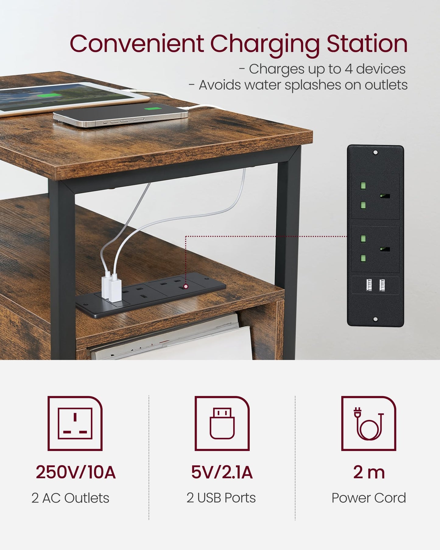 VASAGLE Slim Side Table with Charging Station, Narrow End Table with 2 Drawers, Bedside Table with Storage, for Living Room, Bedroom, Rustic Brown and Classic Black LET326B01