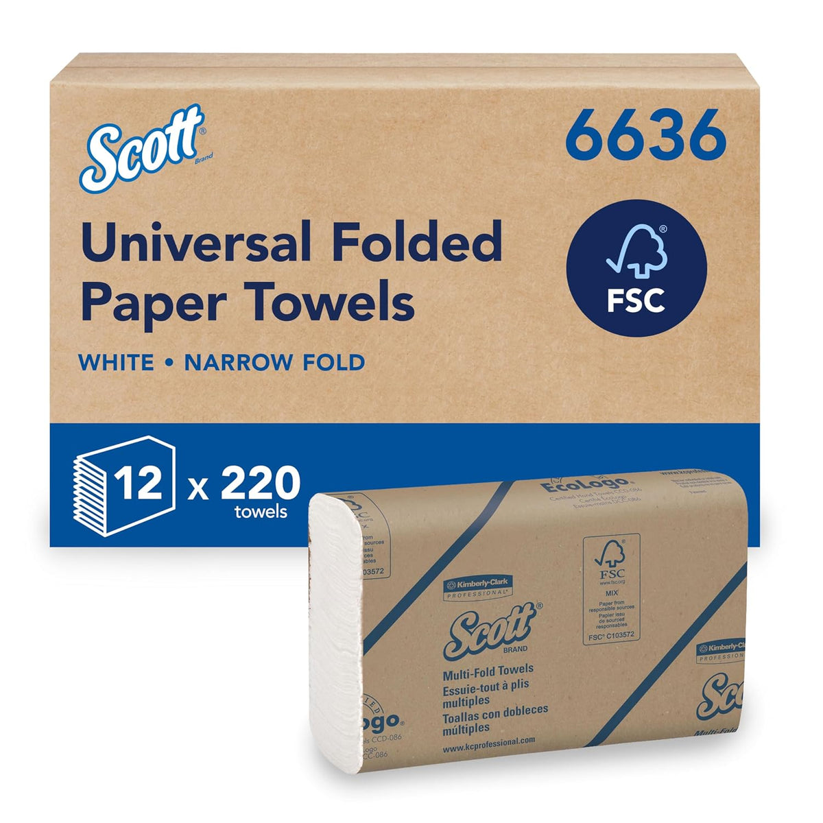 Scott Essential Narrow Fold Paper Towels 6636, FSC certified, 12x220 Sheets