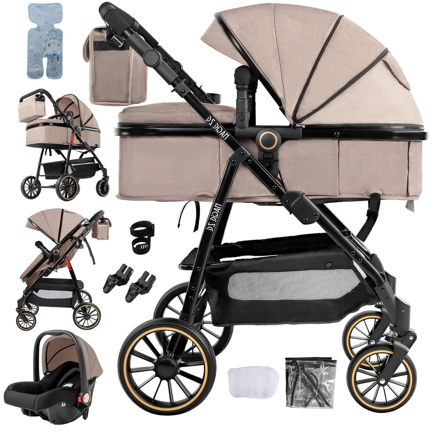 PU Leather 3 in 1 Pushchair Travel System, Toddler Stroller, Baby Pram 3 in 1, Infant Carriage with One-Click Folding, Newborn Buggy with Aluminum Frame (V6 Black)