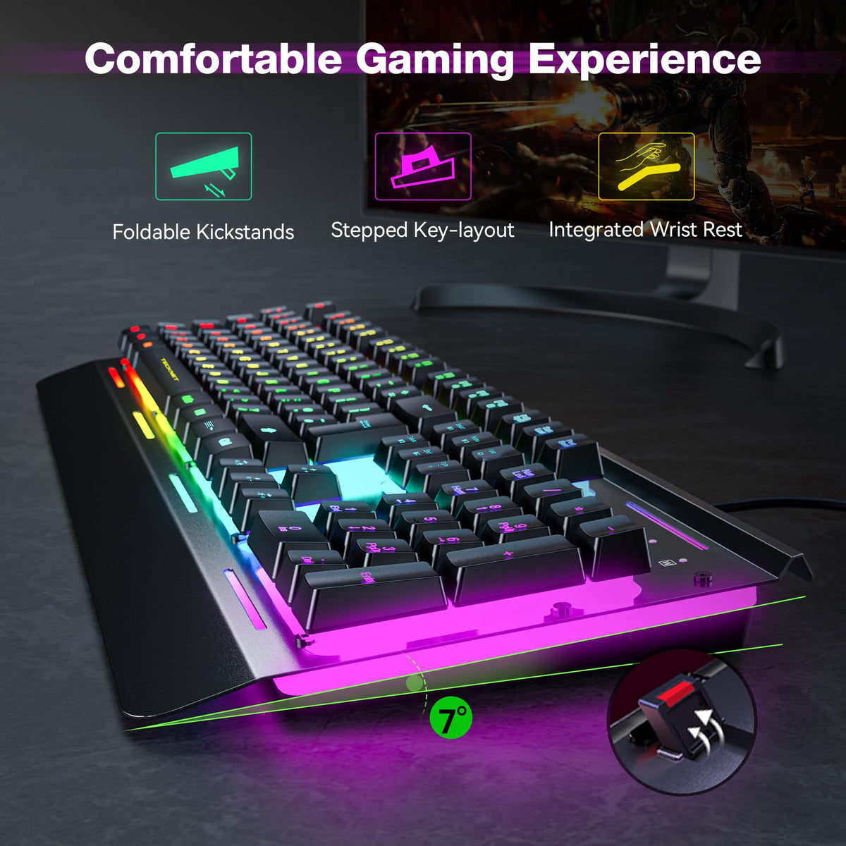 TECKNET RGB Gaming Keyboard UK Layout with 15-Zone RGB Illumination