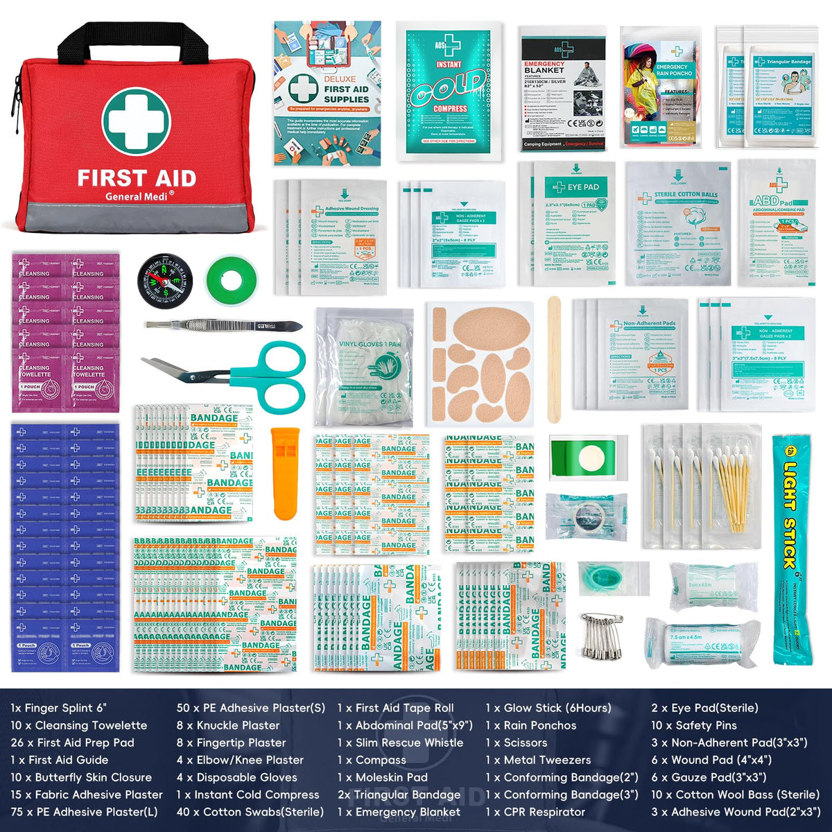 General Medi 210 Piece First Aid Kit- Emergency kit - Reflective Design - Includes Ice(Cold) Pack, Moleskin Pad and Emergency Blanket for Travel, Home, Office, Car, Workplace & Outdoor
