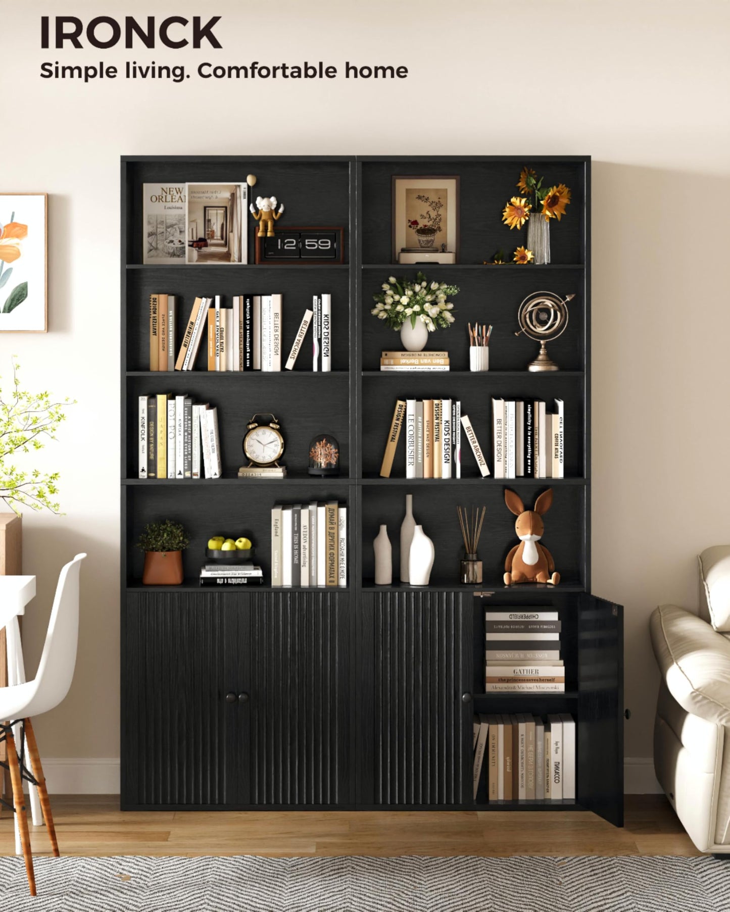 IRONCK Bookcase, Bookshelf with Doors, 6 Tier Tall Book Shelf, Shelving Unit, 60x23.5x180cm Free Standing Display Shelf for Living Room, Home Office, Dinning Room (white)