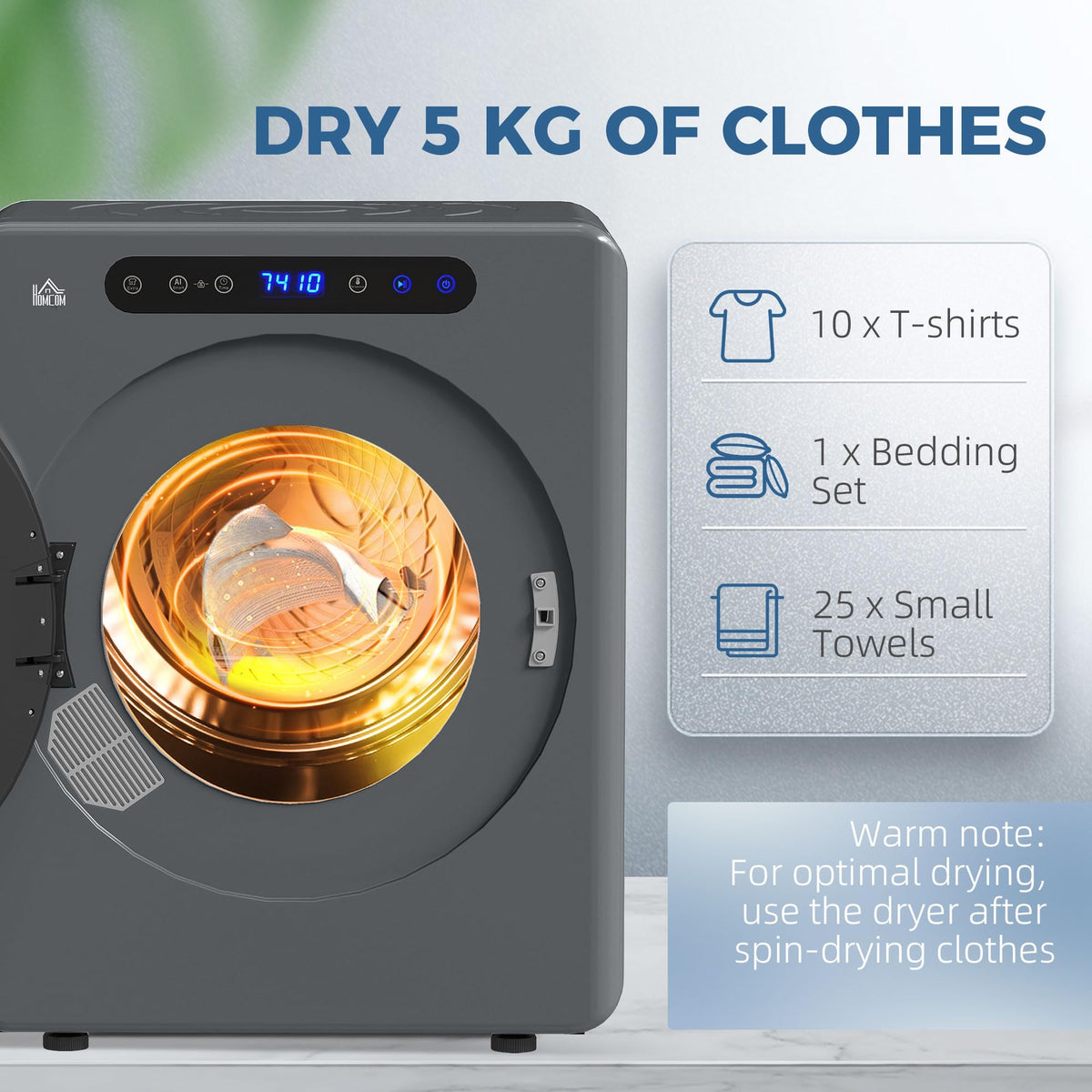 HOMCOM Vented Tumble Dryer 5kg Wet Laundry/3kg Dry Capacity 1000W Black