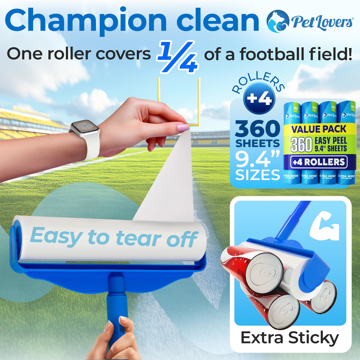 PetLovers Extra Sticky Lint Roller Mega Value Set 450 Sheets for Pet Hair Removal Dog and Cat Lint Remover 5 Pack