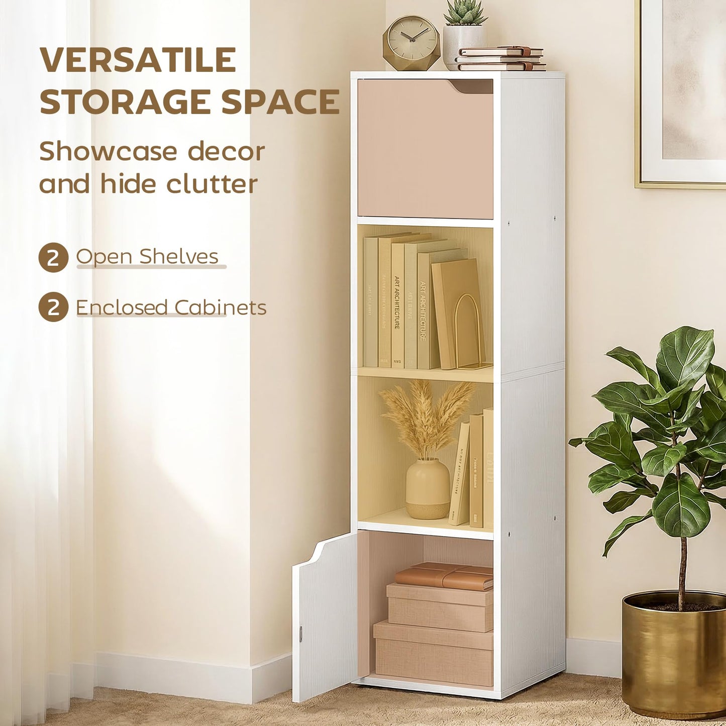 HOMCOM Bookcase with 2 Cabinets and Doors, 4-Tier Bookshelf, Storage Cabinet with Open Shelves and Anti-Tipping Design, for Living Room, Bedroom, Home Office, White
