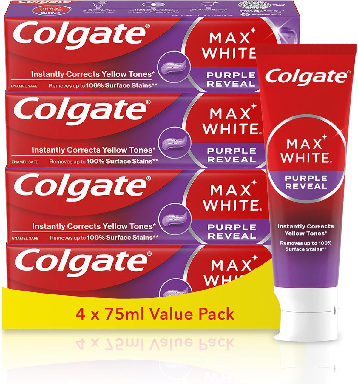 Colgate Max White Purple Reveal Teeth Whitening Toothpaste - Clinically Proven to Remove up to 100% of Surface Stains** - Fluoride Toothpaste - Colgate Multipack - 4 X 75ml