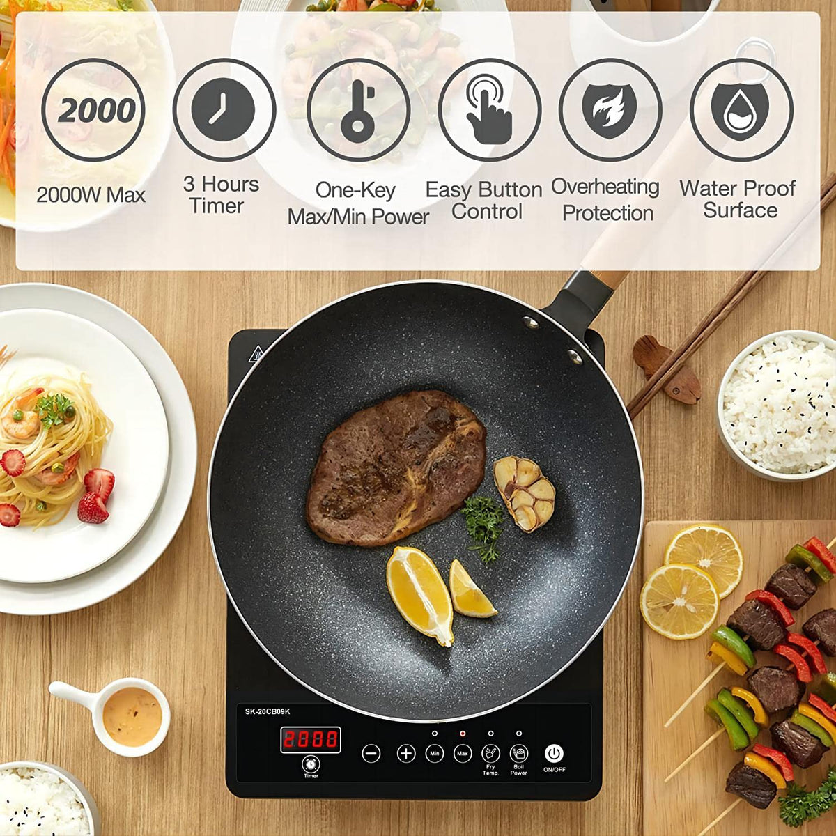 AMZCHEF Single Induction Cooker, Ultra-thin Induction Hob with Fashion Look, 20-level Power and Temperature Control, Black Frosted Glass Panel, Touch Sensor, 3-hour Timer, Safety Lock