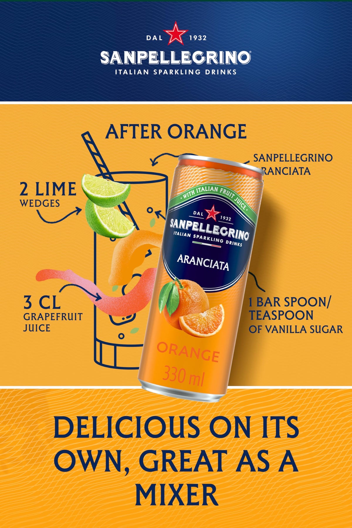 San Pellegrino Italian Sparkling Drinks Tastefully Light Sparkling Orange Canned Soft Drink 12 x 330ml | 64k Cals per Can (Pack of 2)