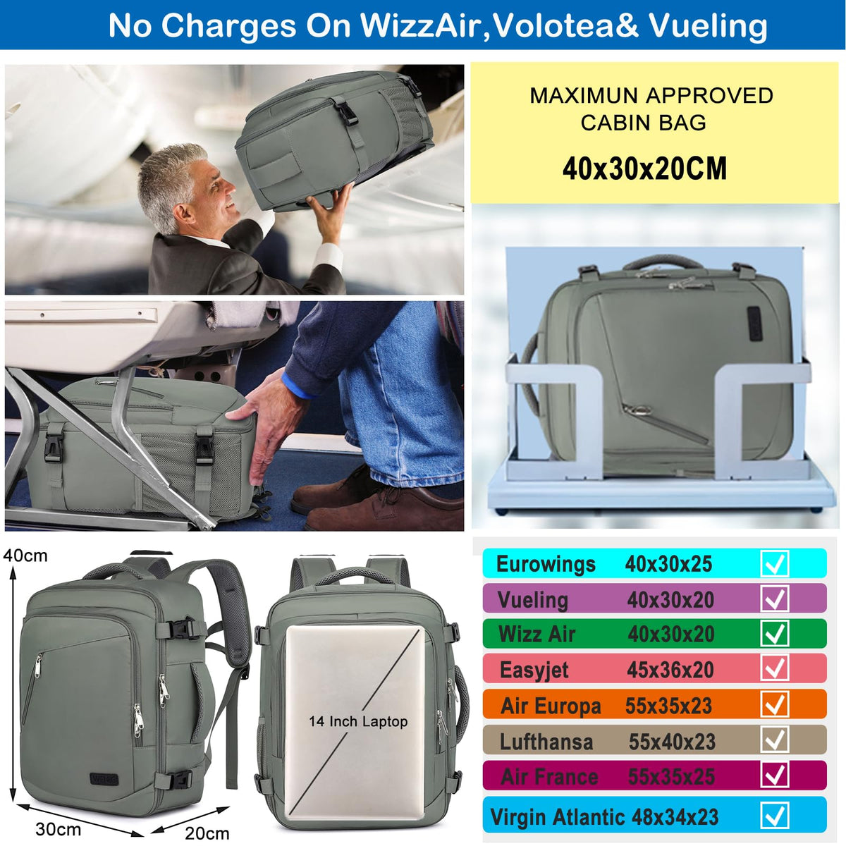 Ryanair Cabin Bags 40x30x20 Underseat 24L Small Travel Backpack Cabin Size
