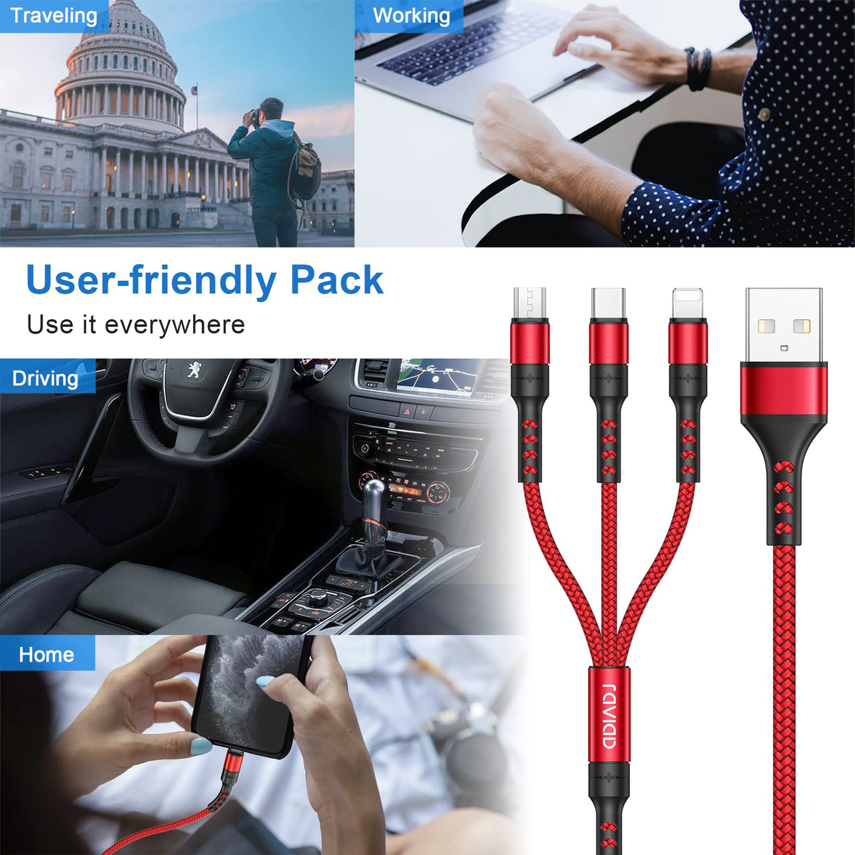 RAVIAD Multi Charger Cable, 3 in 1 Charger Cable 3A USB Fast Charging Cord