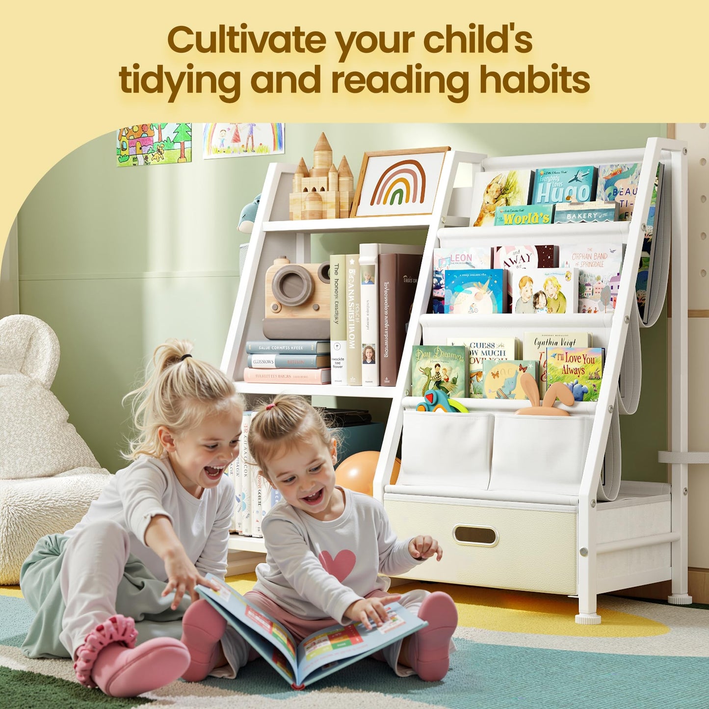 GoTiling Kids Bookshelf and Toy Storage Organizer: 3-Tier Sling Book Shelf with 3 Side Pockets for Kids Room - Toy Storage Organizer with 2 Fabric Drawers for Nursery, Bedroom, Playroom