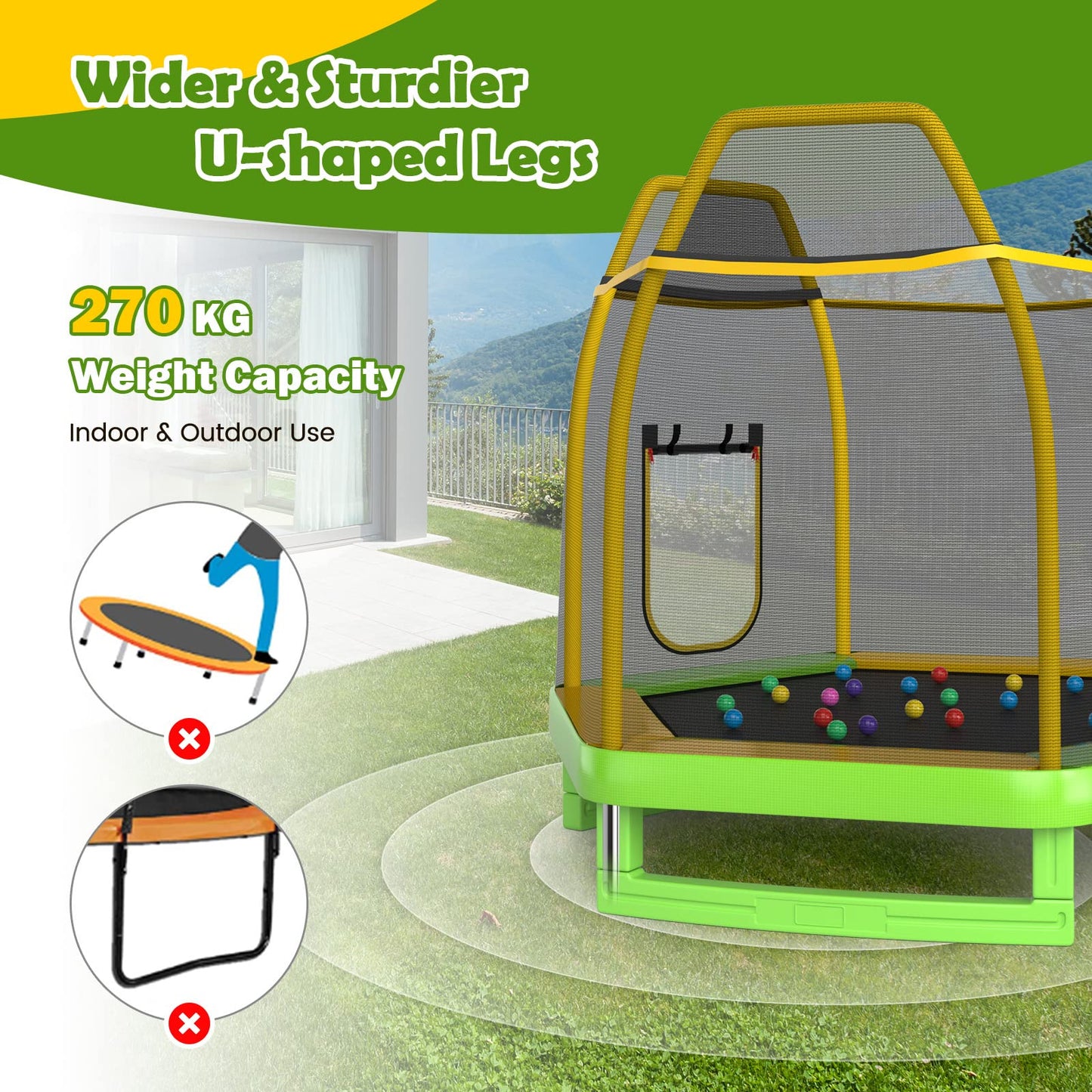 COSTWAY 7ft Kids Trampoline, Hexagonal Trampolines with Slide, Ladder, Safety Enclosure Net and Ocean Balls, Toddler Jumping House for Indoor Outdoor