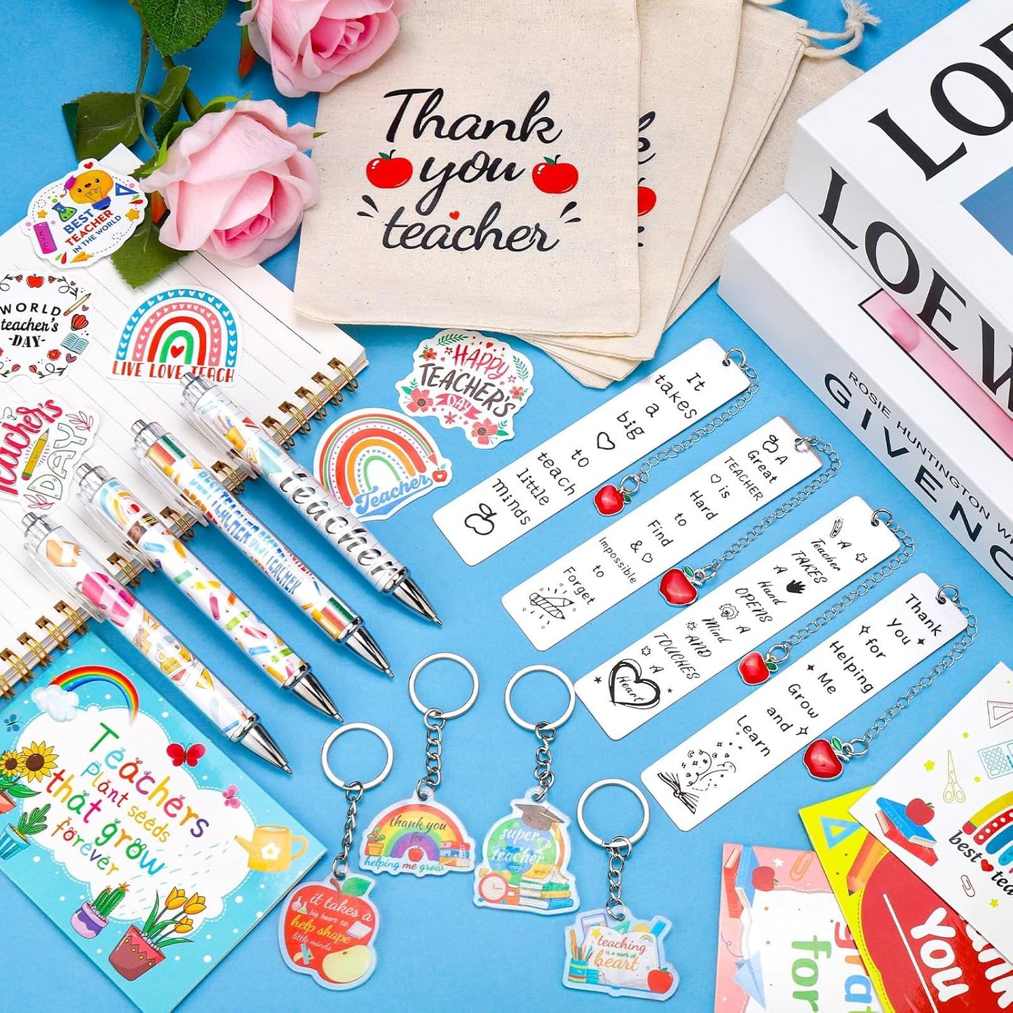 70 Pcs Teacher Appreciation Gifts Bulk Thank You Teacher Gifts with Bookmarks Keychain Ballpoint Pens Drawstring Bags and Stickers Ideal Gifts from Students for Graduation or Teacher Appreciation Week