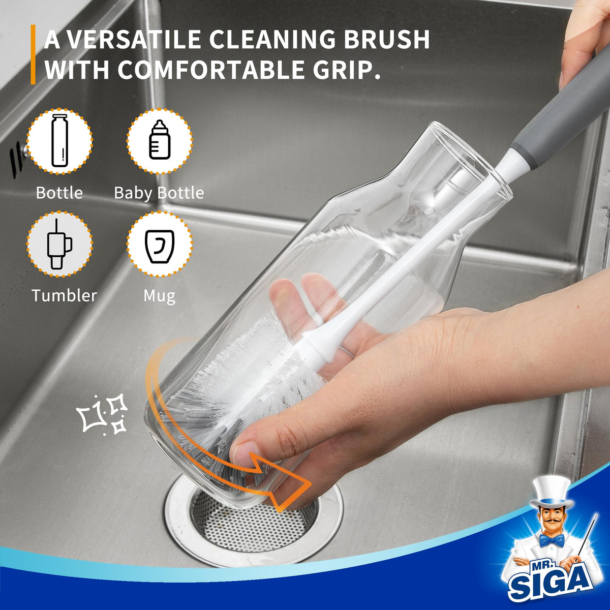 MR.SIGA Long Handle Bottle Brush, Non-Scratch Water Bottle Brush Cleaner