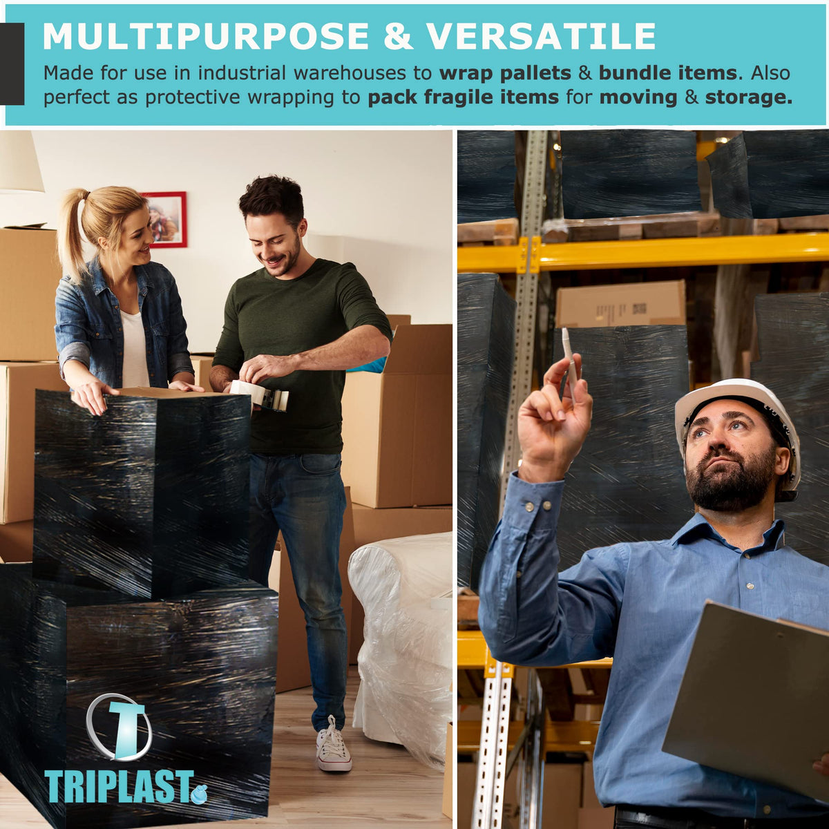 Triplast Pallet Stretch Shrink Wrap Roll (400mm x 250m) - Pick Qty & Colour - Heavy Duty Pallet Wrap, Industrial Stretch Wrap, Packaging Cling Film, Strong Plastic Wrap, Luggage Wrap (Black, 1 Roll)