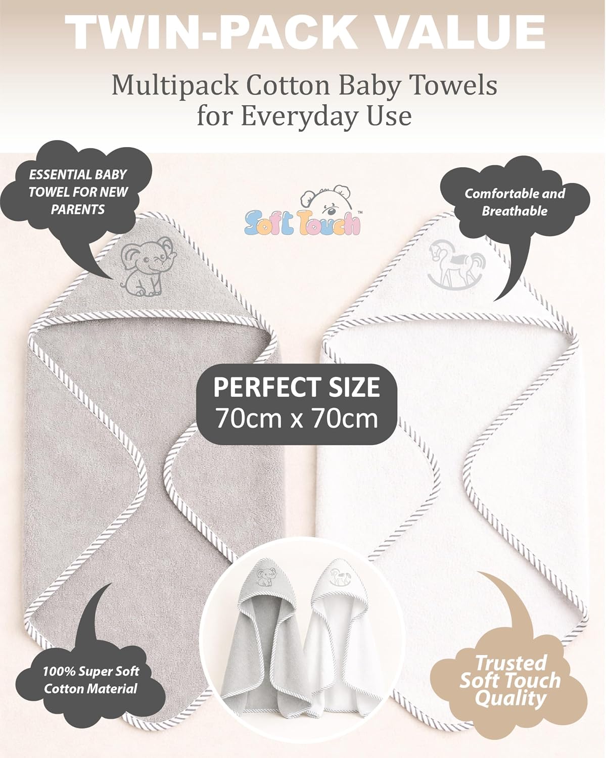 Soft Touch Newborn Essentials 100% Cotton Embroidered Hooded Baby Towel 70 x 70cm for Baby Boys and Girls 0-24 Months (2-Packs)