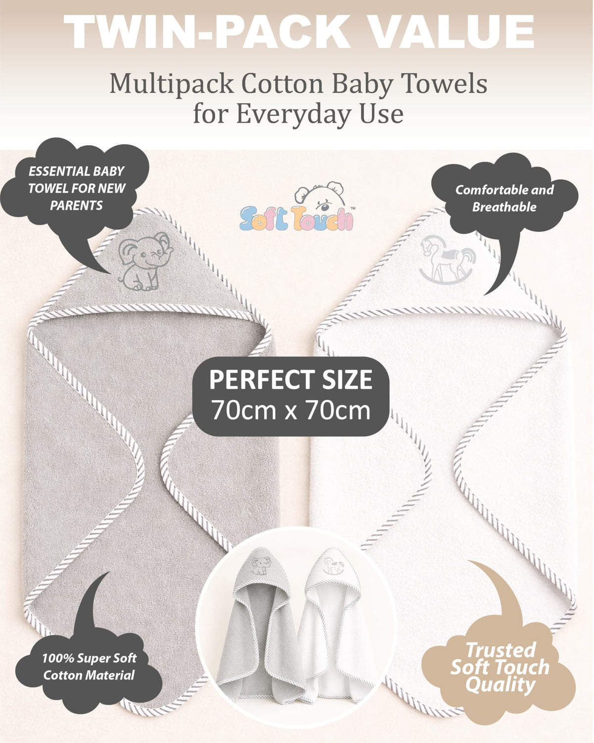 Soft Touch Newborn Essentials 100% Cotton Embroidered Hooded Baby Towel 70 x 70cm for Baby Boys and Girls 0-24 Months (2-Packs)