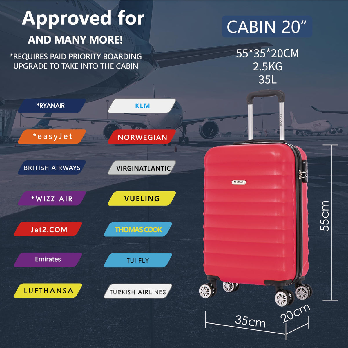 FLYMAX 55x40x20 Ryanair Cabin Bag Hand Luggage Lightweight Suitcase Approved Carry on Luggage Case 2.5KG 40L Royal