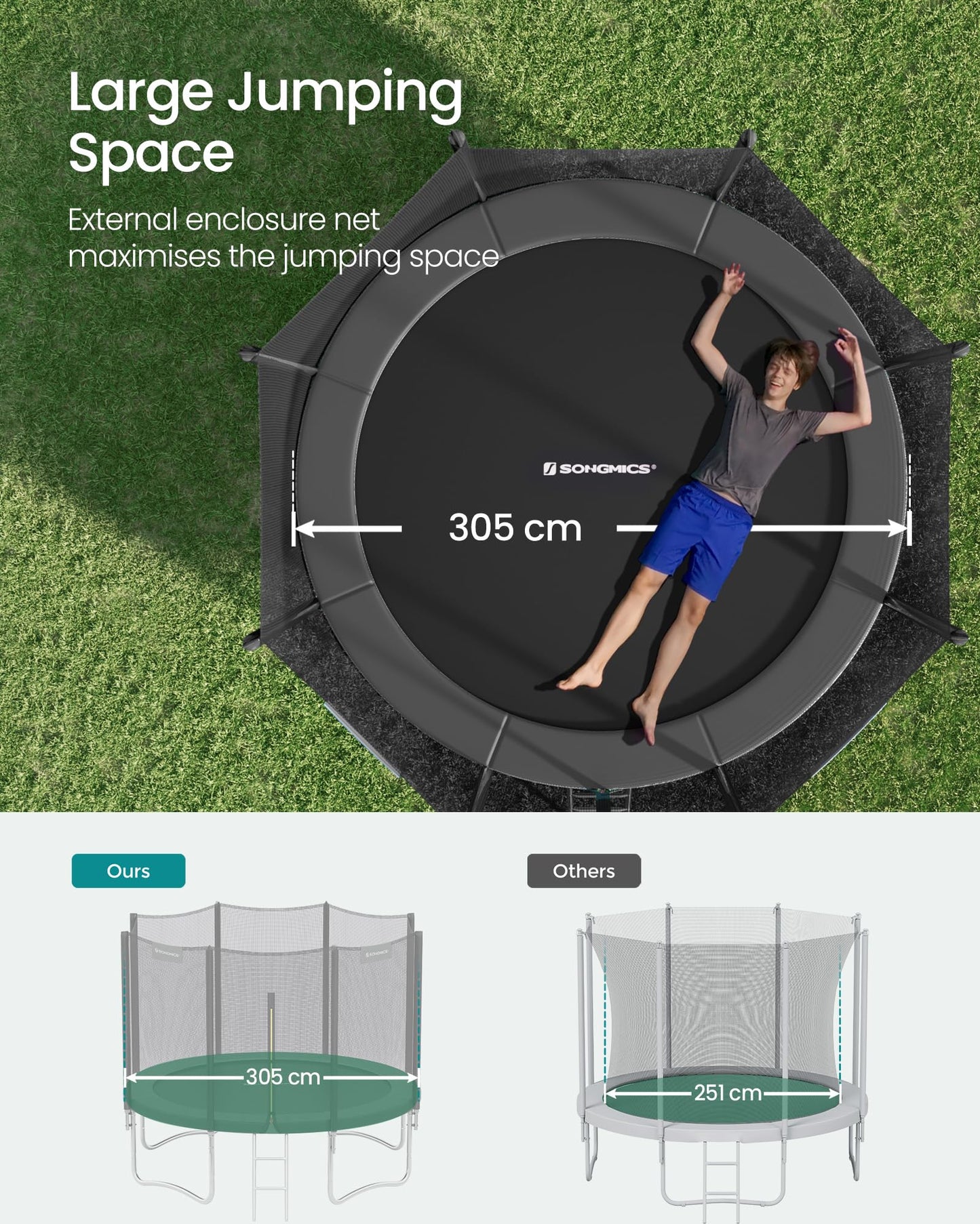 SONGMICS 10ft Children's Outdoor Trampoline with Safety Net & Ladder — Max 100 kg | 2-Year Warranty