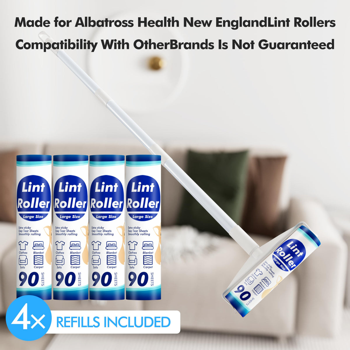 Lint Rollers 400 Sheets Lint Remover for Pet Hair, Couch, Clothes Furniture, and Carpet, 2 Handles, 4 Rolls(100 Sheets Per Roll)