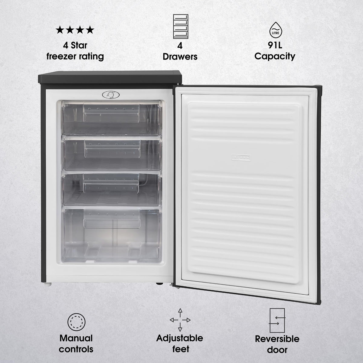 Abode Under Counter Freezer 55cm Wide Freestanding White 91 Litre with 4 Drawers, Adjustable Feet & Reversible Door, 4 Star Freezer, Suitable for Garages & Outbuildings A85UCFZ552E1W (White, 55 cm)