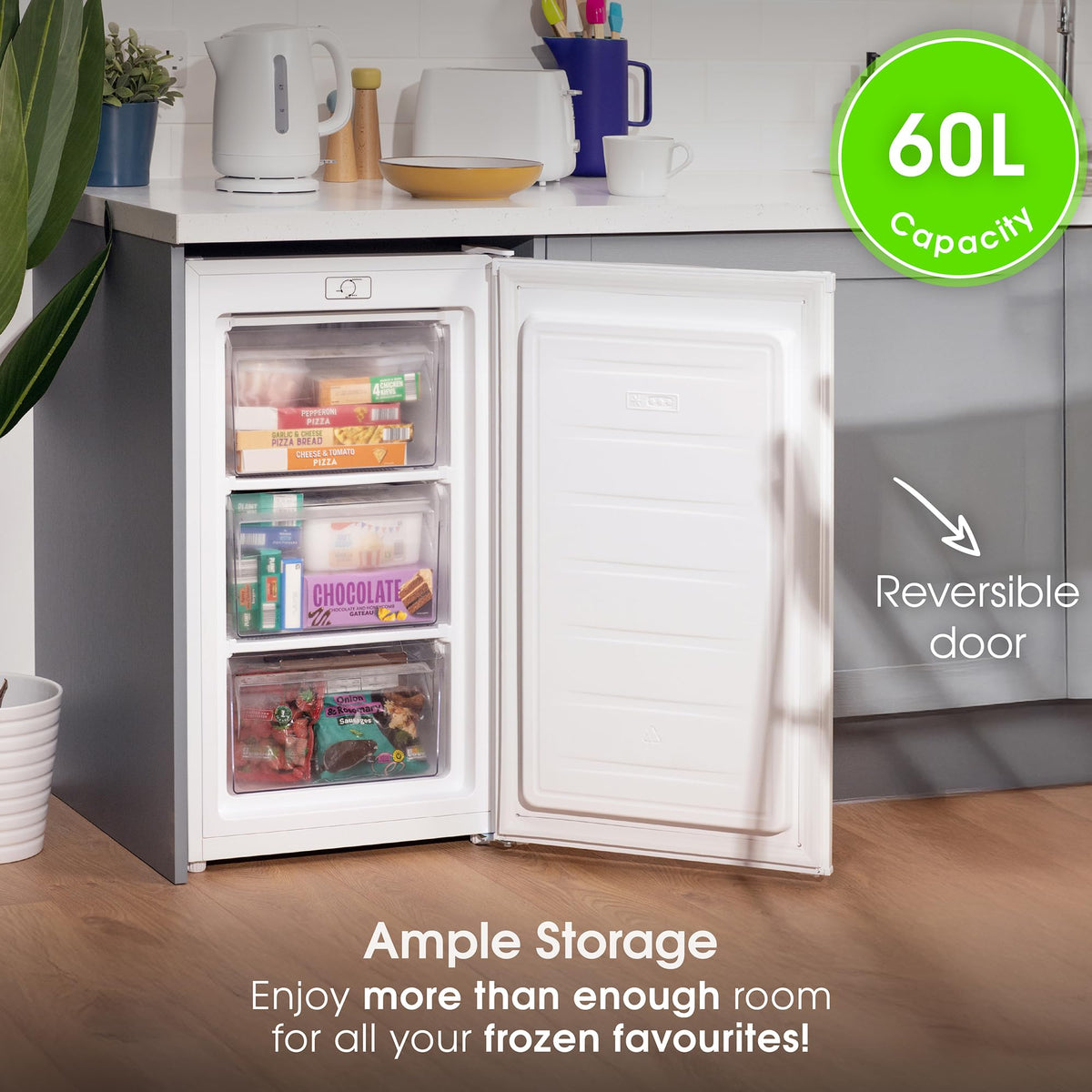 Abode Under Counter Freezer 55cm Wide Freestanding White 91 Litre with 4 Drawers, Adjustable Feet & Reversible Door, 4 Star Freezer, Suitable for Garages & Outbuildings A85UCFZ552E1W (White, 55 cm)