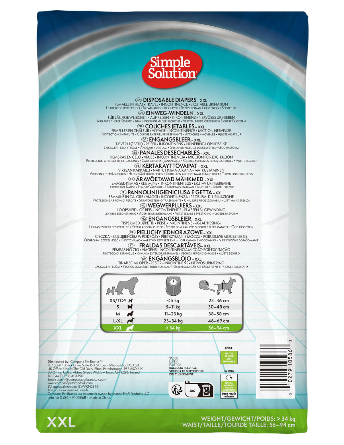 Simple Solution Disposable Dog Diapers for Female Dogs, Super Absorbent Leak-Proof Fit with Wetness Indicator for Excitable Urination, Incontinence or Females in Heat - 12 Pack