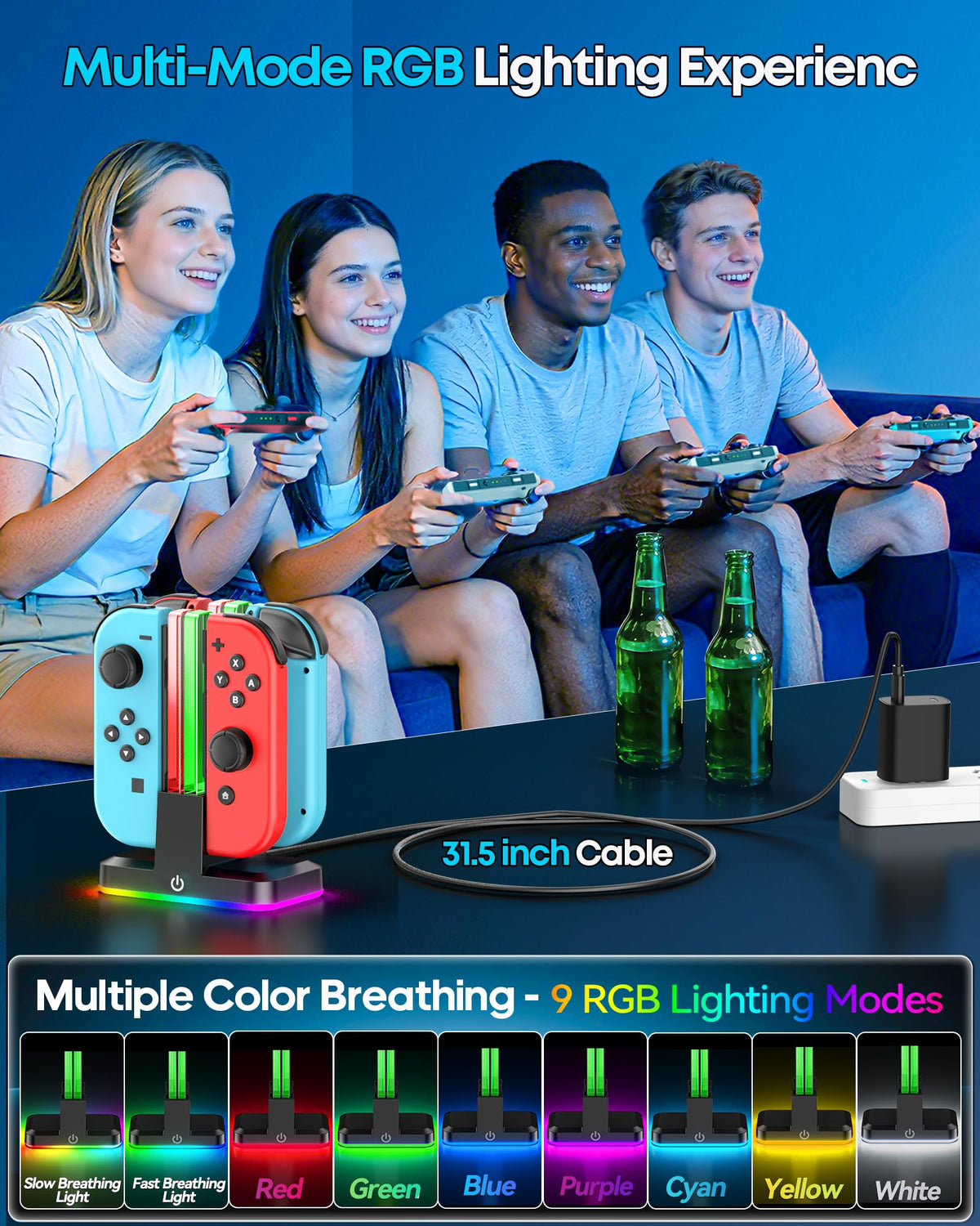 Rysker RGB Switch 2 Controller Charger for Joy-pad 2, 2H Fast Joycon 2 Charging Dock for Any Direction Charging, 9 Light Modes Switch 2 Joycon Charger Station