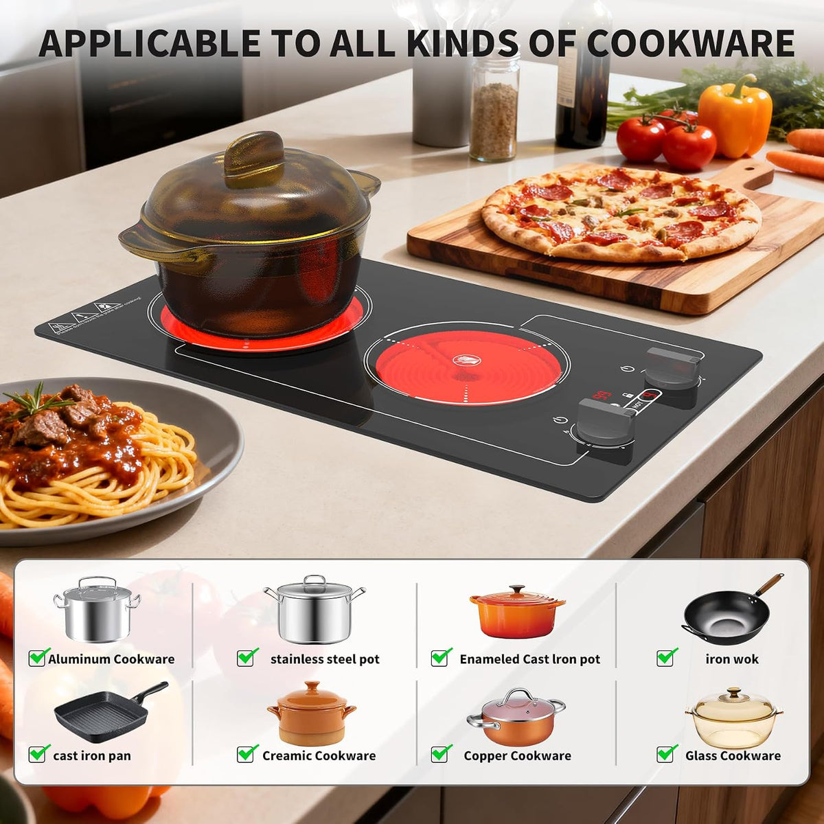 VBGK 2 Ring Electric Hob with Knob, 220V 3000W Double Ceramic Hob, 9 Power Levels, Kids Lock & Timer, Hot Surface Indicator, Overheat Protection, Knob and Touch Control Double Electric Hob