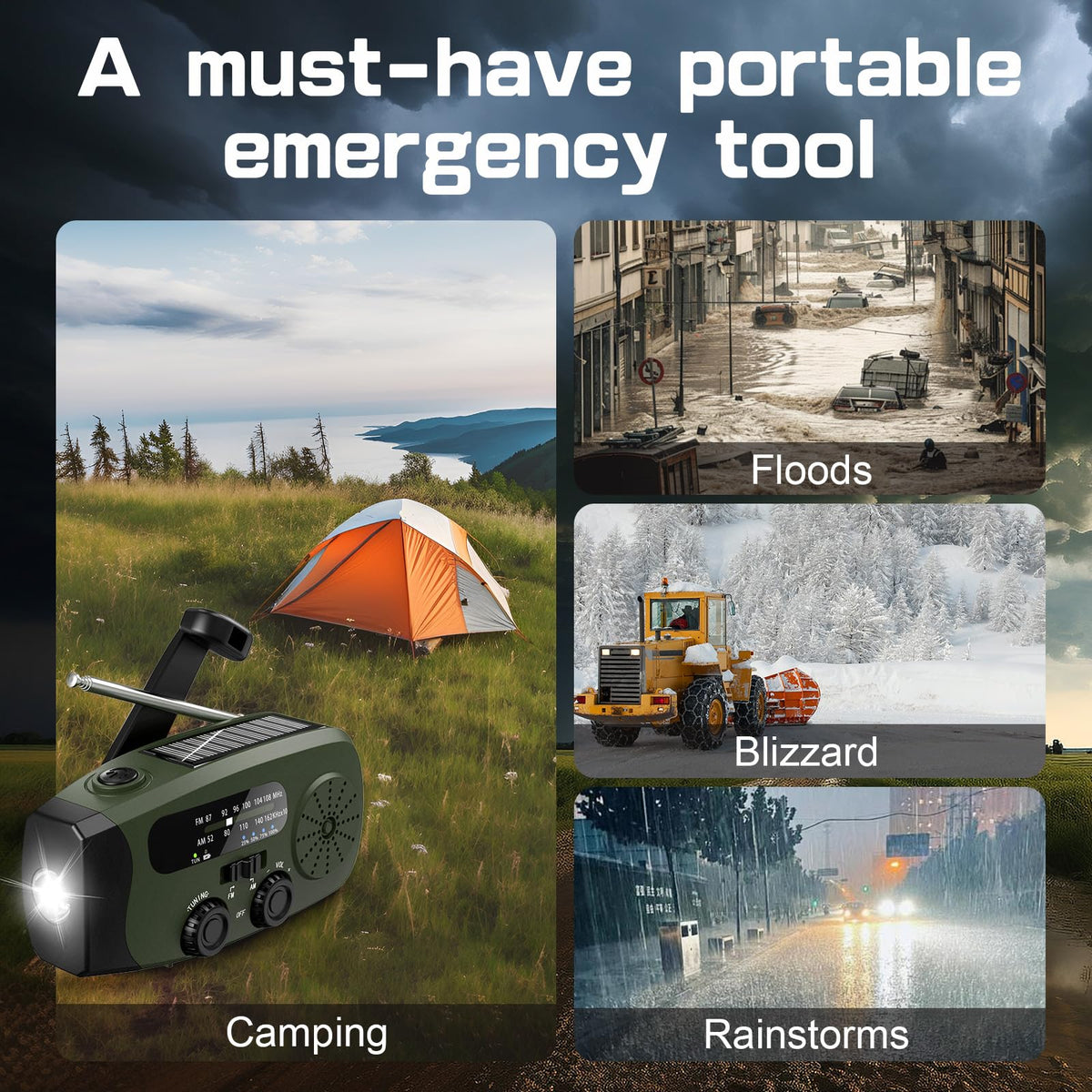 8000mAh Emergency Wind Up Radio, Hand Crank Solar, AM/FM Radio with 3-Mode Flashlight, 2-Mode Reading Lamp, SOS Alarm with USB Phone Charger for Emergency Outdoor