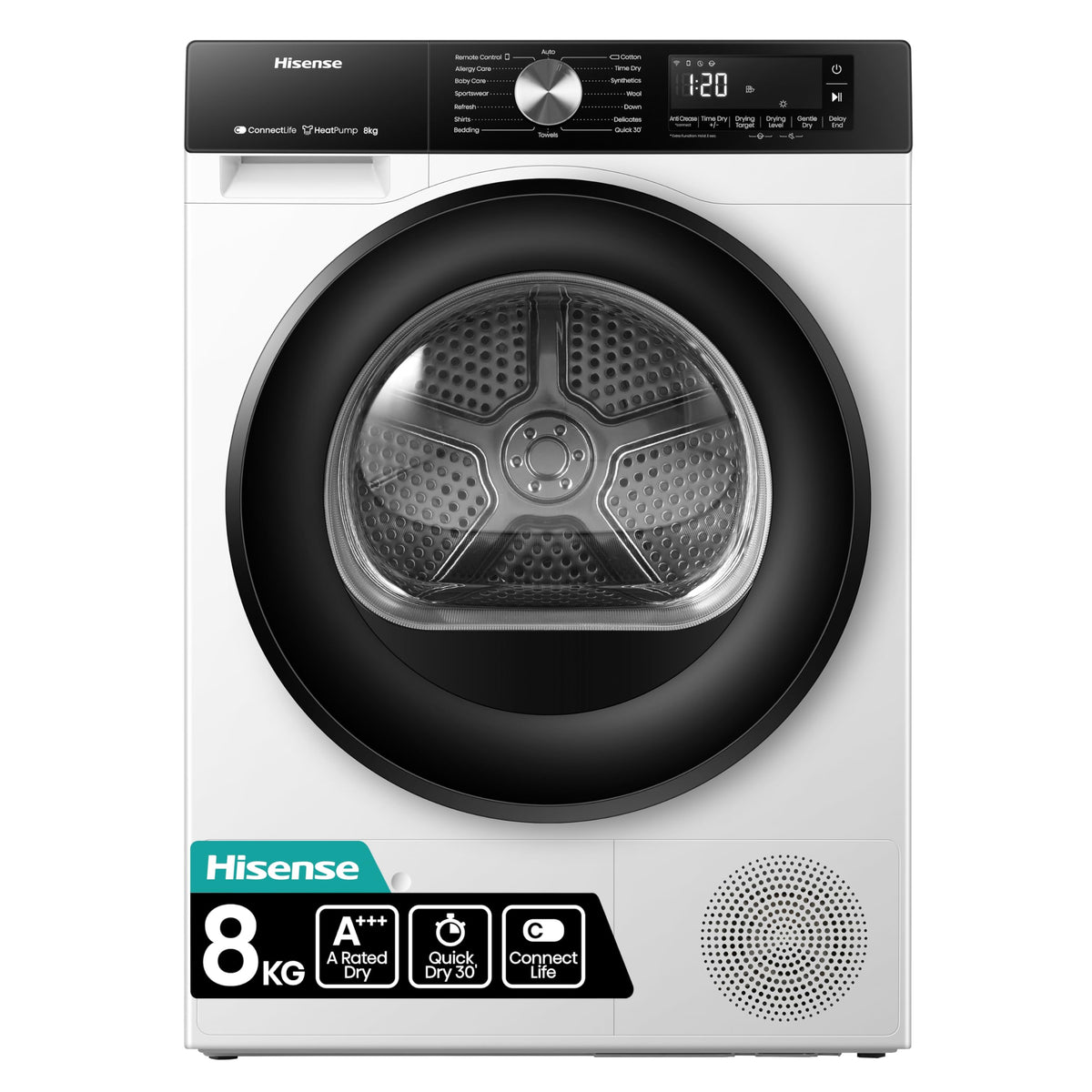 Hisense DH1Q802BW2 60cm Freestanding 8 KG Heatpump Front Load Tumble Dryer, 16 Programmes, Auto Dry, Steam Refresh, Allergy Care - White