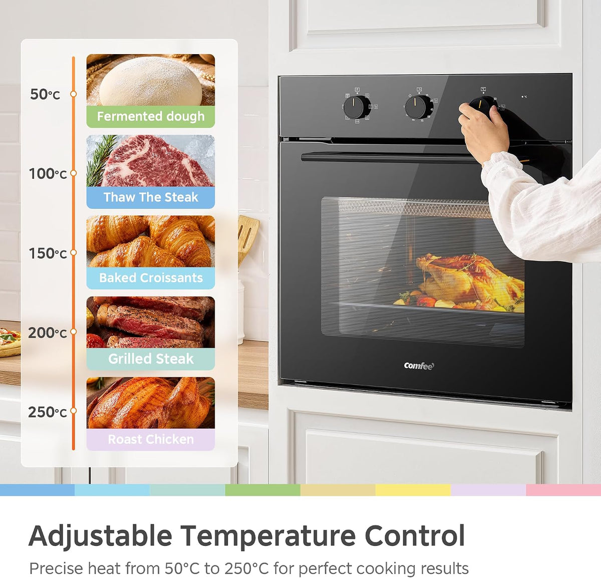 COMFEE' 60L, 60cm Wide, Single Electric Built-in Fan Oven, 8 Function with Air Fry, Multiphase Cooking and Easy Cleaning Removable Door, Color Black - CBO60M80M1-BK
