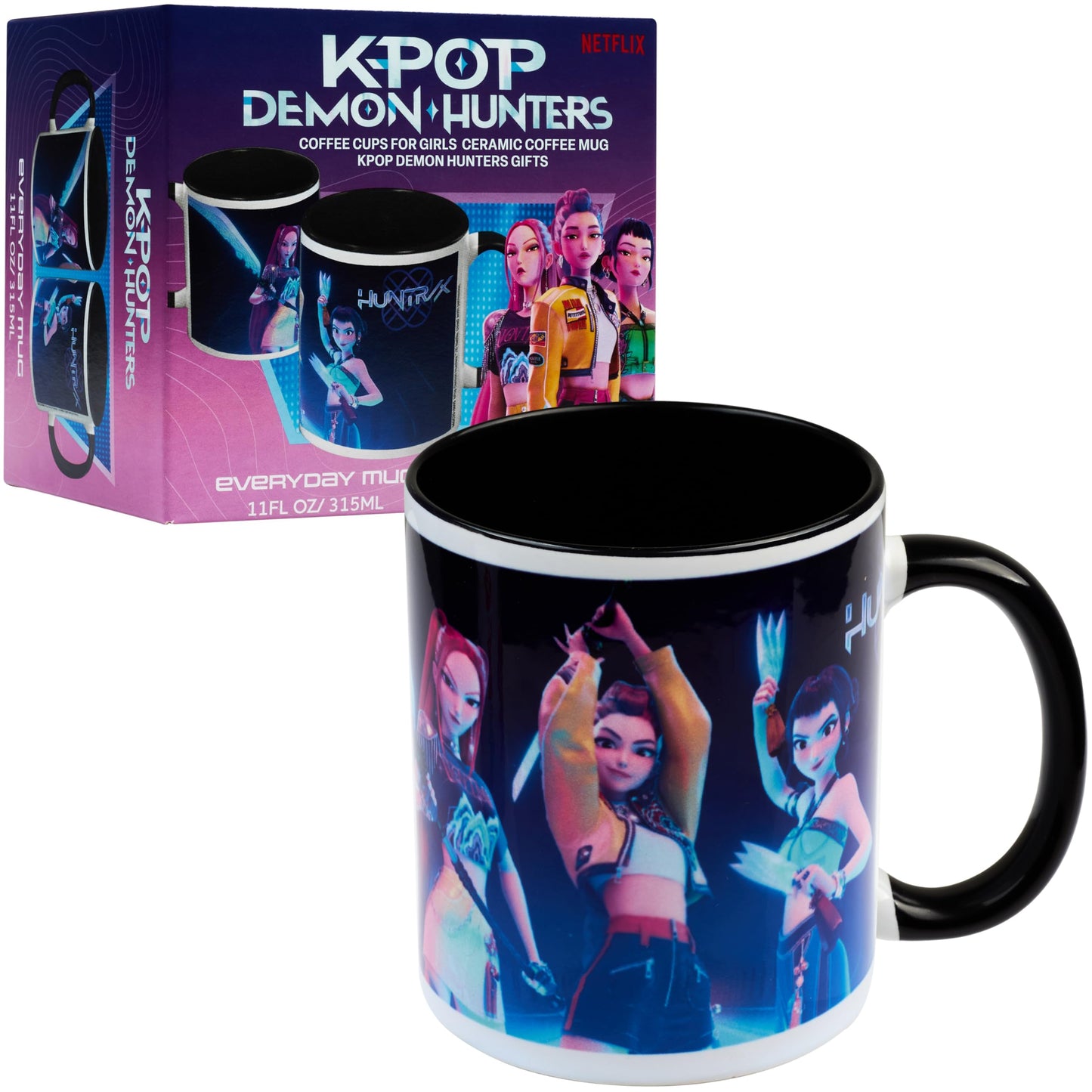 KPop Demon Hunters Official Huntrix Mug, 11oz Ceramic Cup for Girls, Teens & Adults, Rumi Mira Zoey Tea Coffee Cup, Gifts for Her (Black Huntrix)