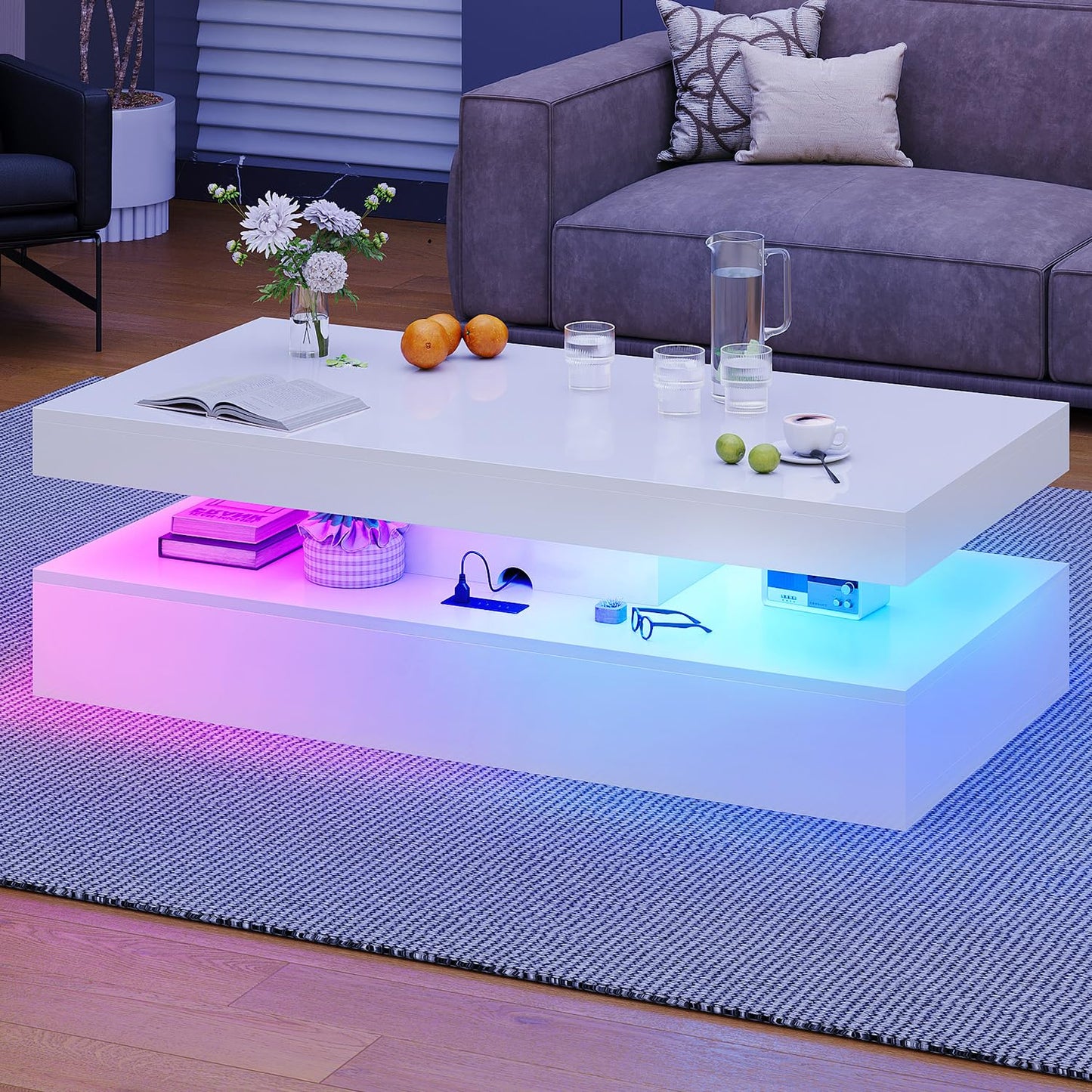 Modern Coffee Table with LED Lights, 2 Drawer Storage, Wooden Coffee Table with Charging Station, USB Ports & Power Outlet, Rectangle Coffee End Table for Home, Office & Living Room - Black