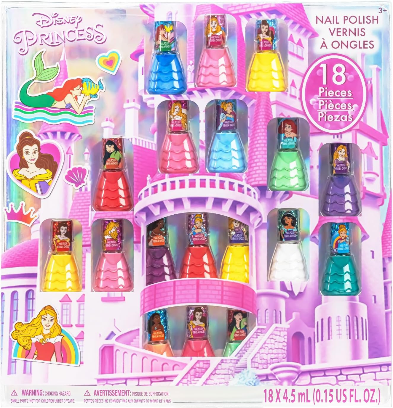 Disney Princess 18 Piece Water Based Nail Polish Set, Castle Theme, Quick Dry and Peels-Off, Nail Paint Set for Girls, Perfect for Parties by Townley Girl