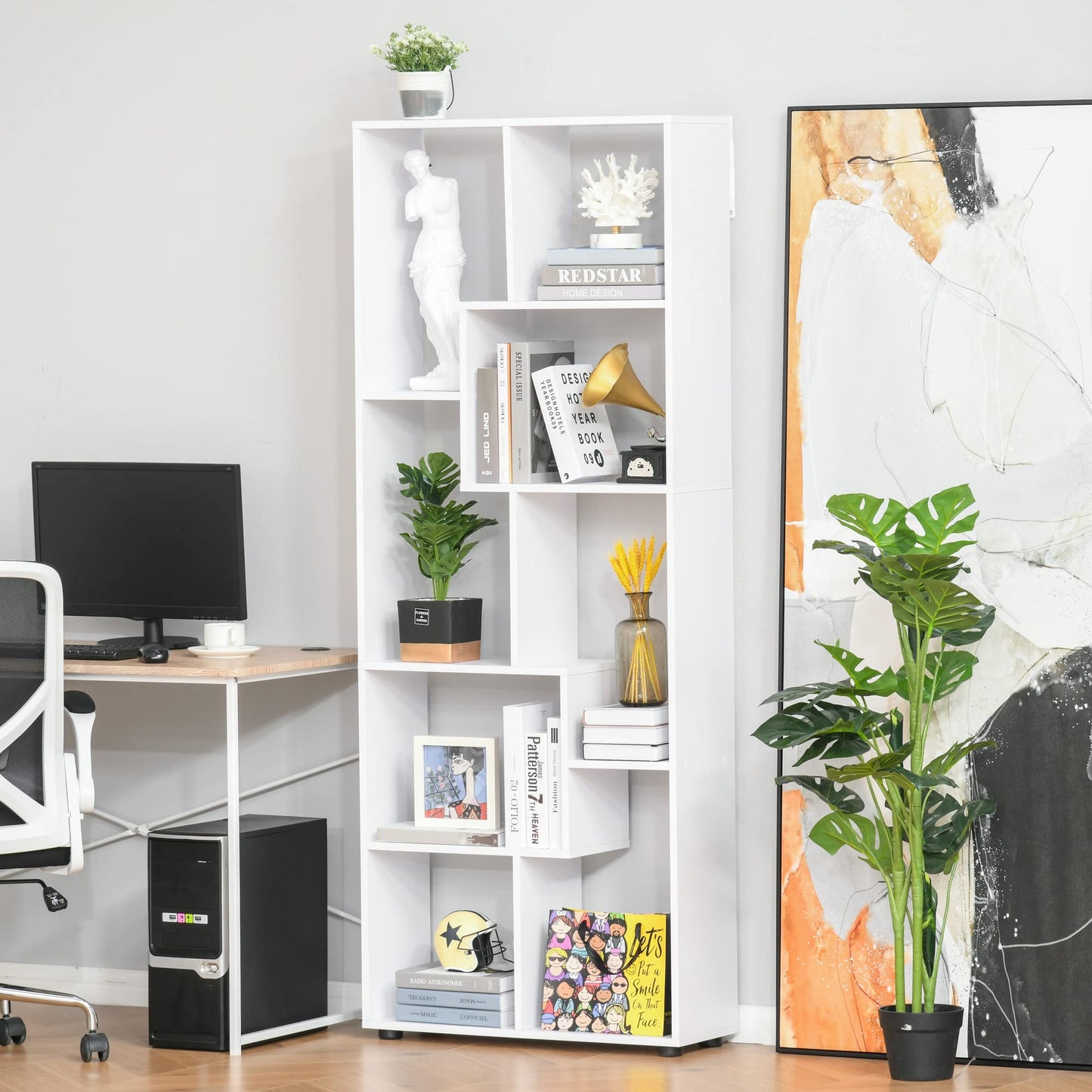 HOMCOM Bookshelf, Tall Bookcase, Modern Room Divider, 8 Cube Storage Unit, Freestanding Storage Shelf for Living Room, Bedroom, Home Office, 70 x 24 x 178 cm, White