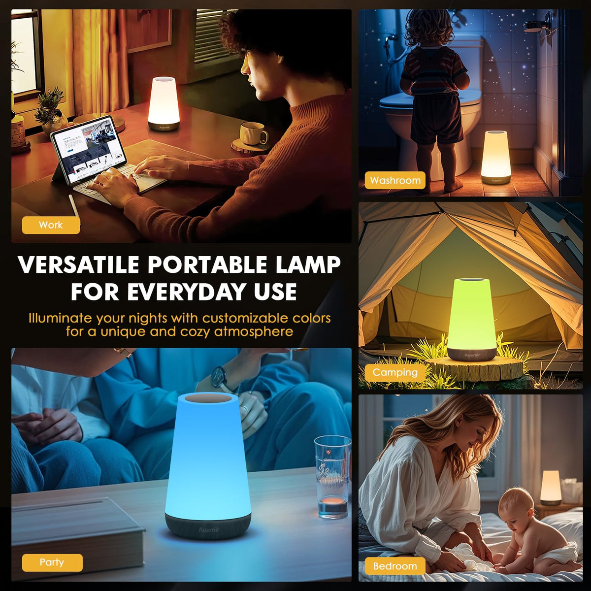 Auxmir Night Light 2 Pack, LED Touch Bedside Table Lamp, 2500mAh Rechargeable Light with RGB Color Changing, Portable Lamp for Children, Kids, Bedroom, Living Room, Camping