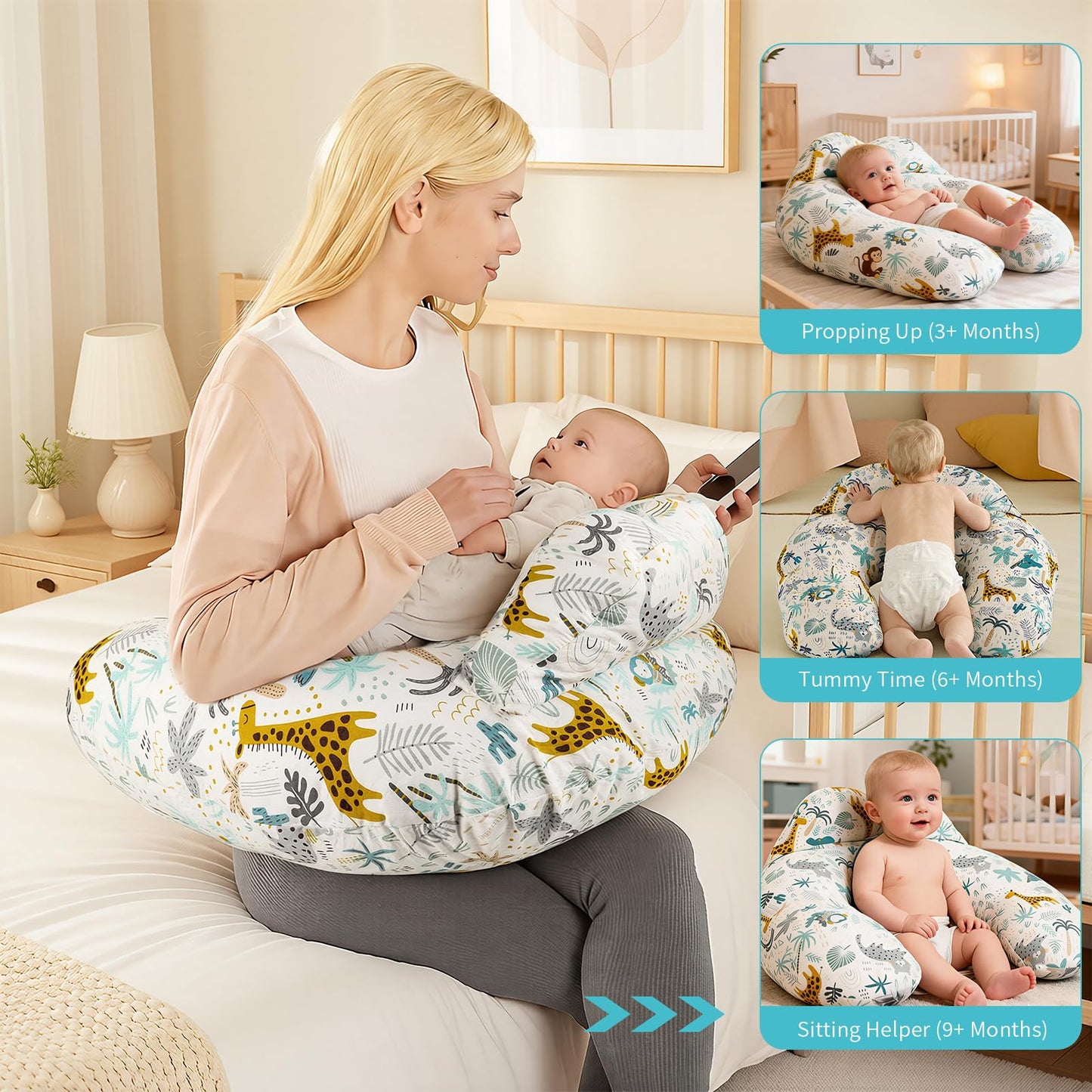 Labtec Nursing Pillow for Breastfeeding Baby, Multifunctional Breast Feeding Pillow with Adjustable Waist Strap and Safety Fence, 100% Cotton Removable Pillowcase, Forest Friends