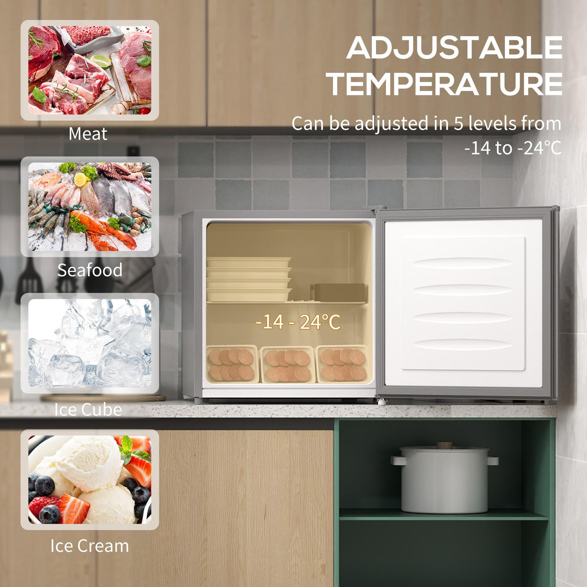HOMCOM Tabletop Mini Freezer, 35L Capacity, Reversible Door, Silver Tone
