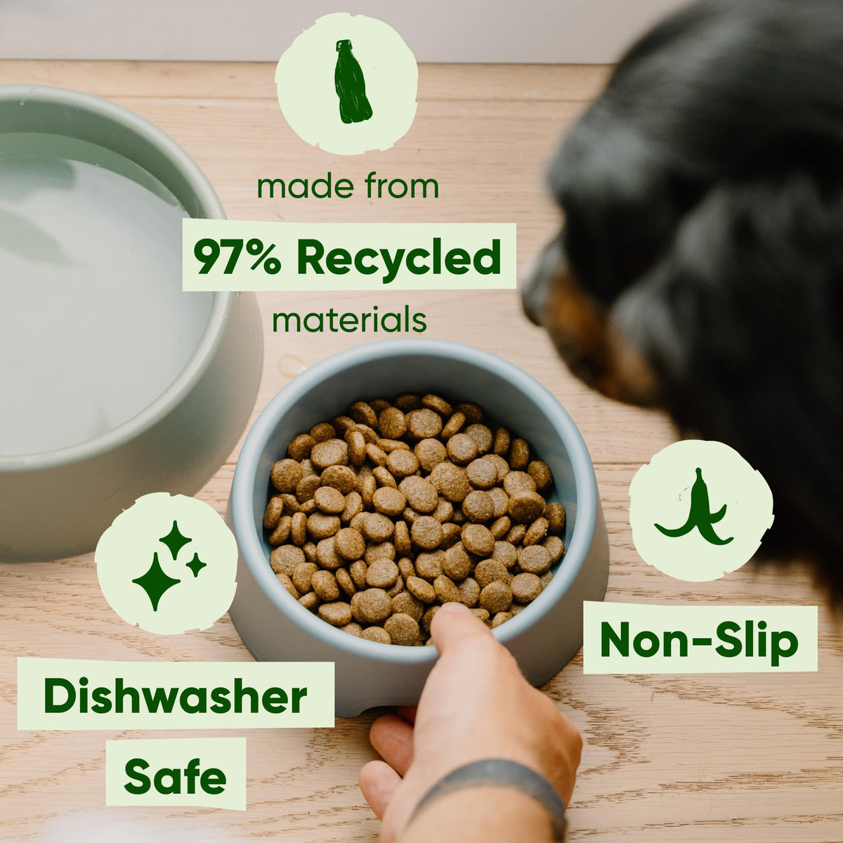 Beco Dog Bowl, Food & Water Steady Bowl, Recycled Plastic, Olive Green, L