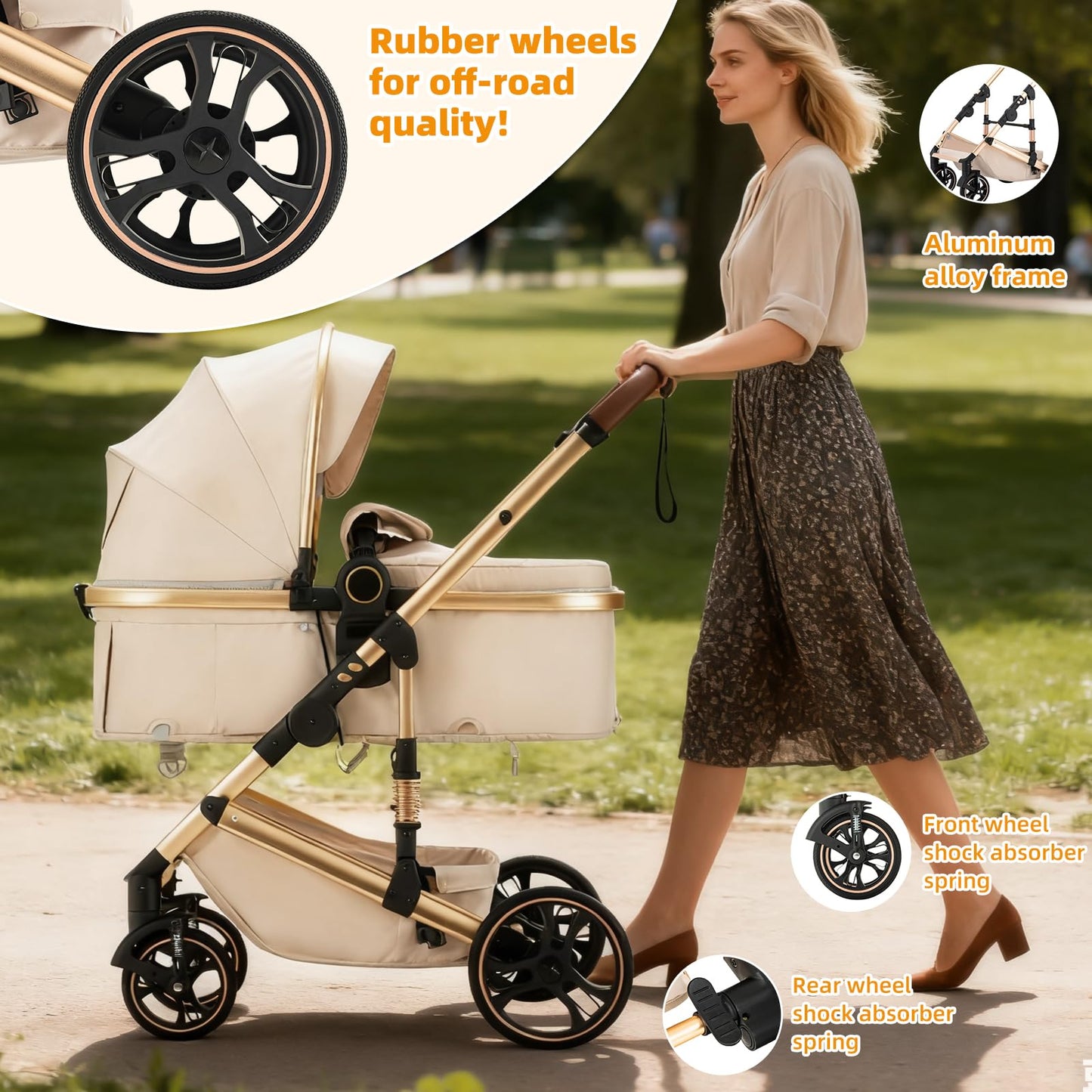 3 in 1 Pram Pushchair Aluminium Frame High Landscape Combined Buggy Lightweight Folding Stroller 3 in 1 Travel System Pram for Newborns Toddlers 0-36 Months from Birth (H9-Pink, H9)