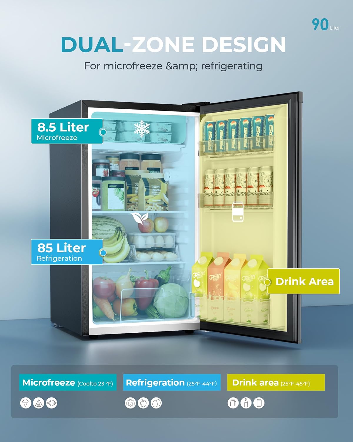 93L Under Counter Fridge, 38dB Ultra-Quiet Undercounter Mini Fridge, Black