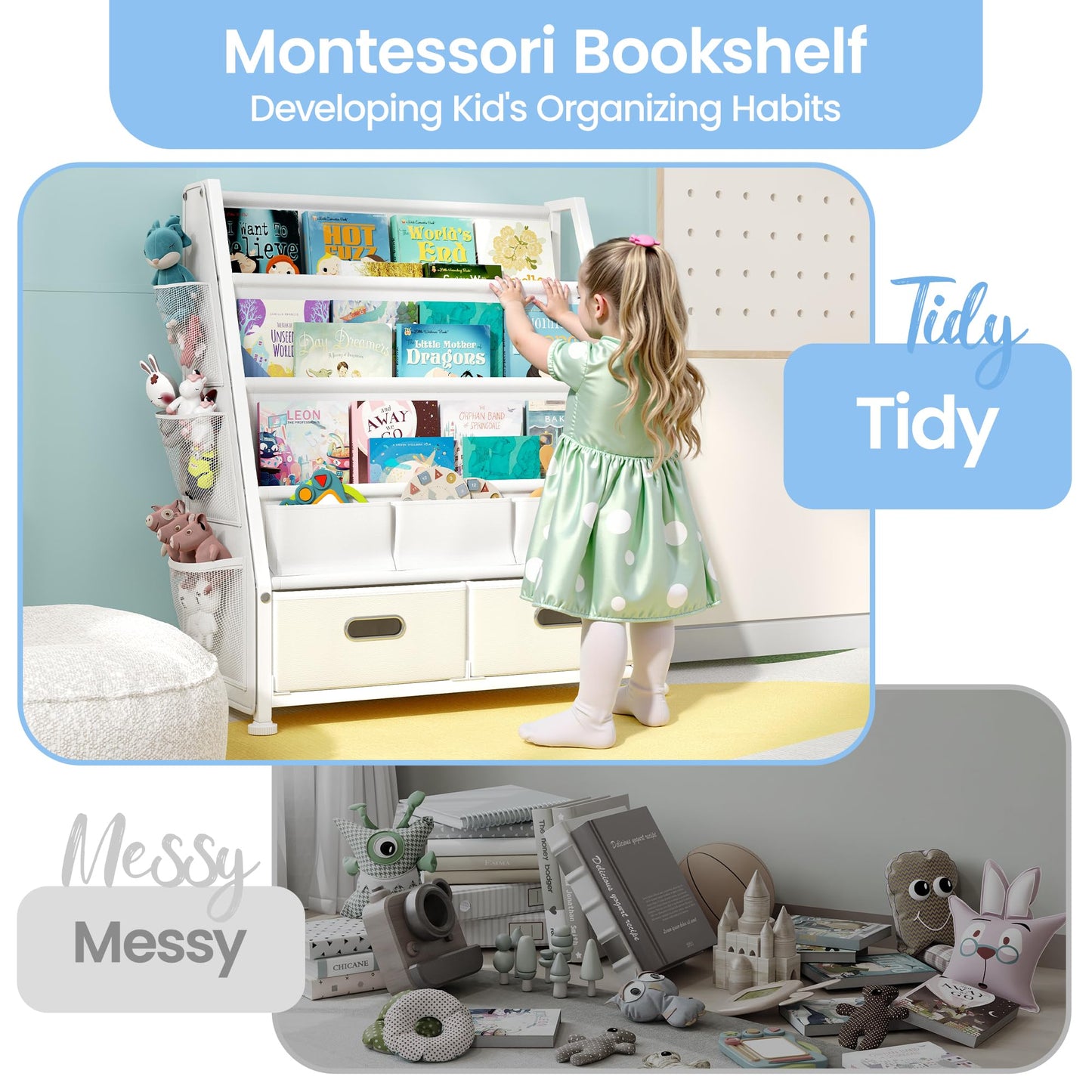 GoTiling Kids Bookshelf and Toy Storage Organizer: 3-Tier Sling Book Shelf with 3 Side Pockets for Kids Room - Toy Storage Organizer with 2 Fabric Drawers for Nursery, Bedroom, Playroom