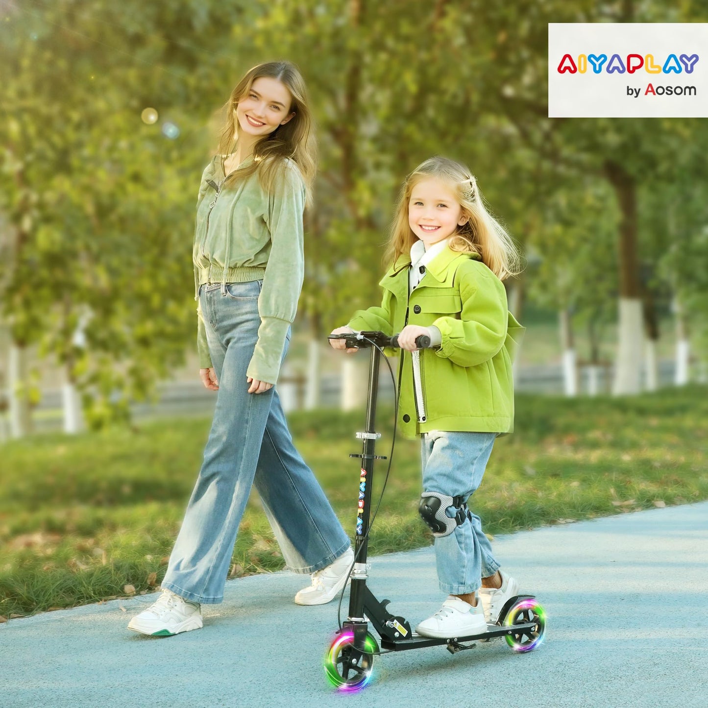 AIYAPLAY Kids Folding Scooter with LED Light-Up Wheels — Ages 3-8, Dual Brakes