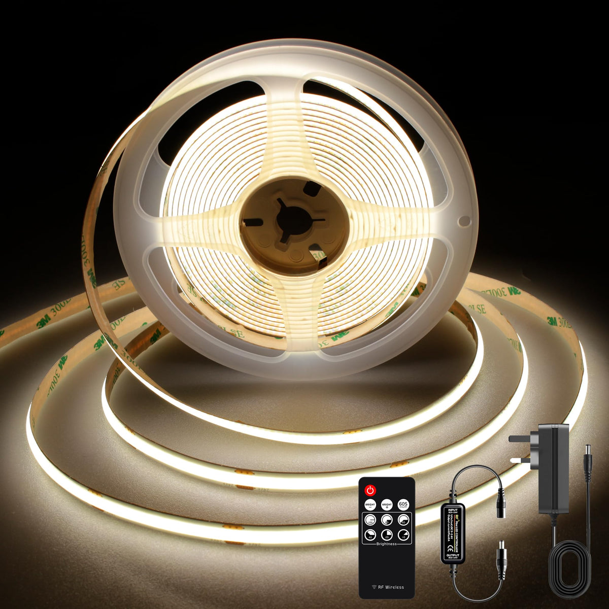 TTWAY COB LED Strip Lights 2700K, Dimmable LED Strip Kit, Super Bright 24V LED Tape Lights CRI90+ with RF Remote and UKCA Power Supply for DIY Home Decoration, 5M, 2400LEDs, Warm White.