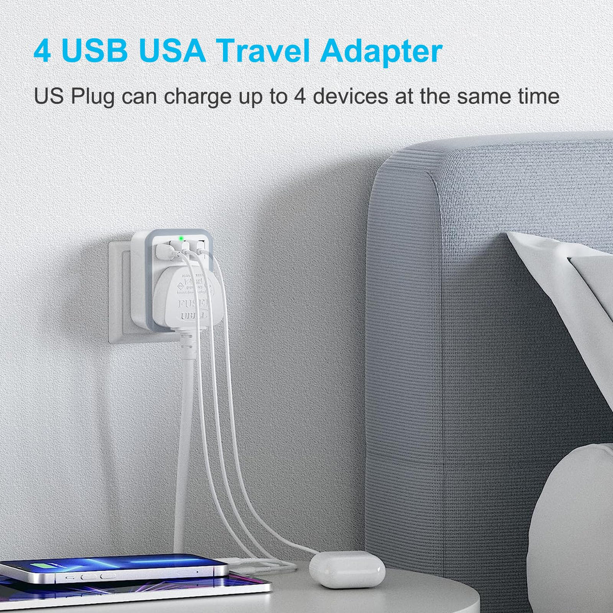 Loydia UK to US Plug Adaptor, 2 pack USA Travel Adapter with 3 USB &1 USB C Ports, 5 in 1 US Plug Adapter from UK to USA, Canada, Thailand, Mexico, Colombia (Type B)