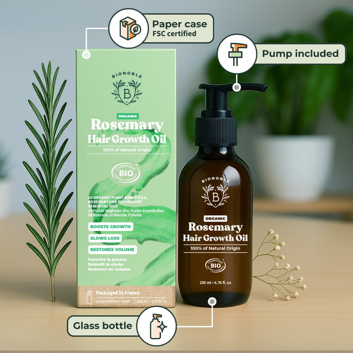 BIONOBLE Organic Rosemary Oil for Hair Growth - Hair Loss, Volume - 50ml