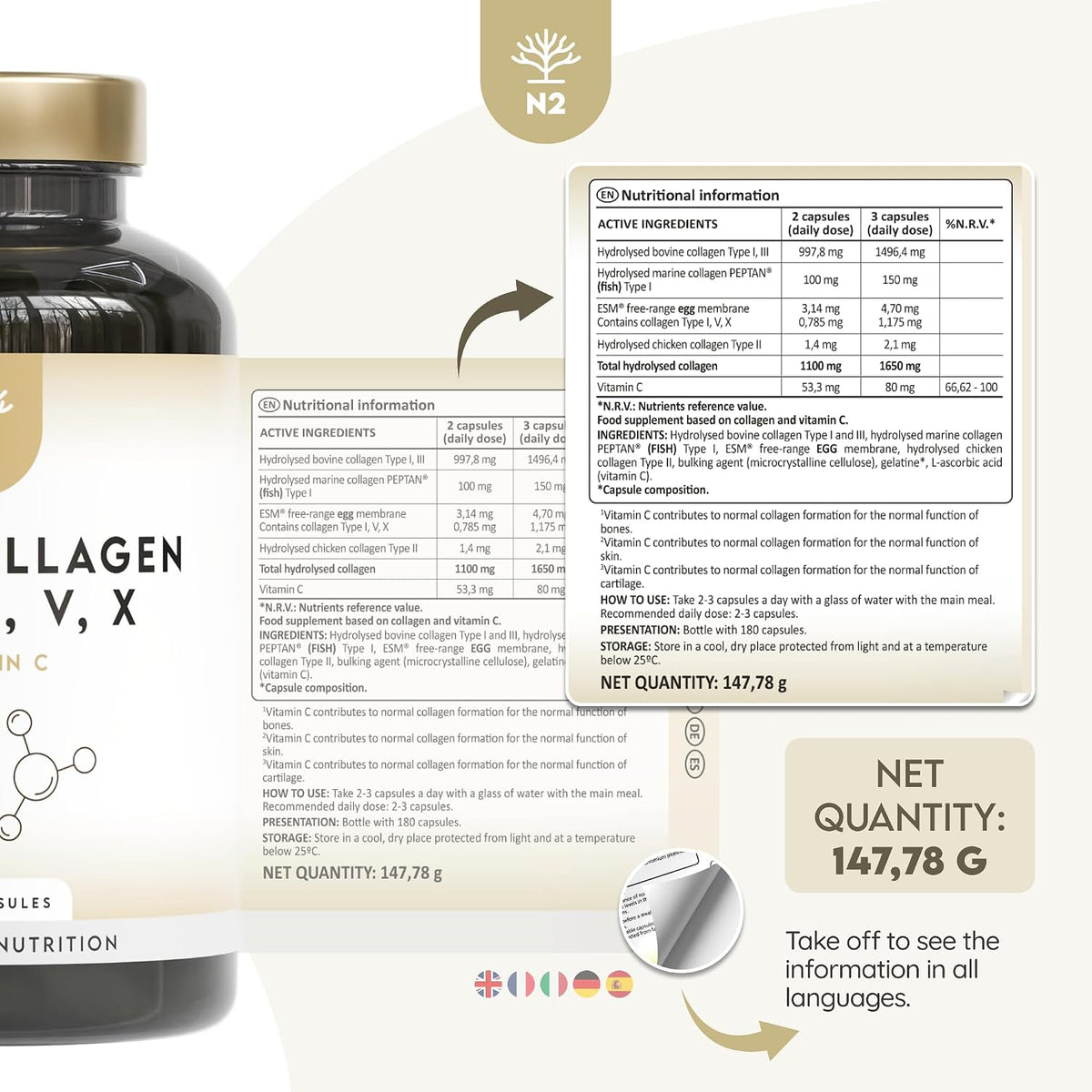 Multi Collagen 1650mg Type I, II, III, V, X. Bovine & Marine Collagen Peptides. 180 Capsules Enhanced with Vitamin C. High Strength Collagen for Joints, Hair and Skincare. N2 Natural Nutrition