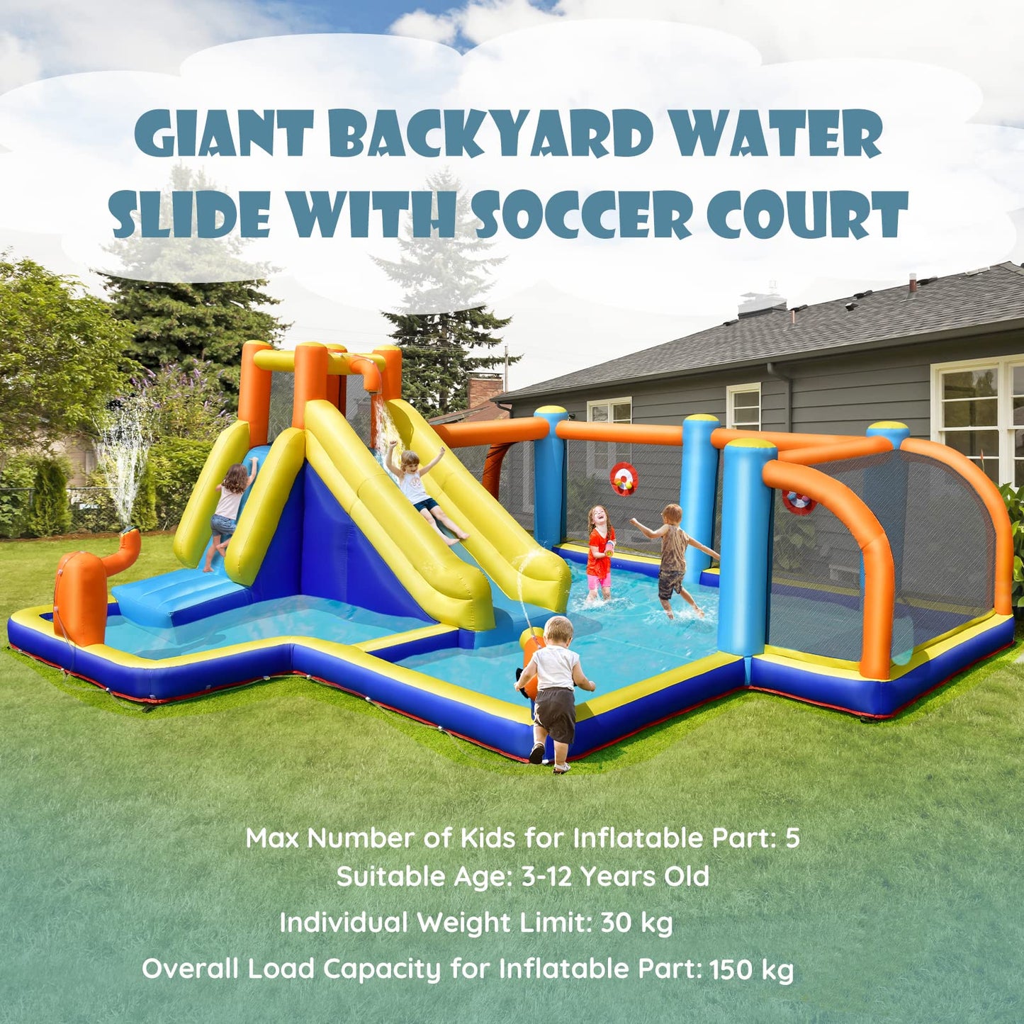 COSTWAY 5-in-1 Inflatable Water Park with Slide, Bouncy Castle, Football Field & Pool — Ages 3-12